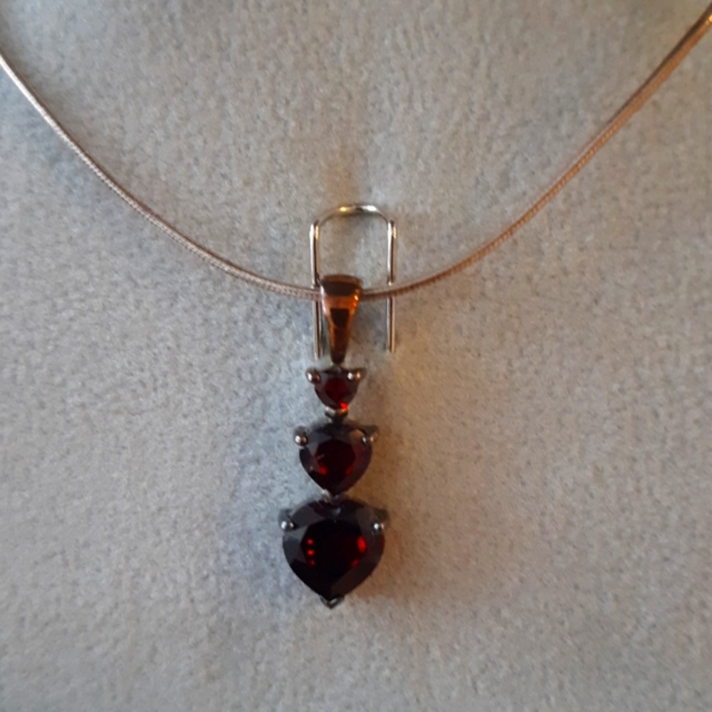 Red Envelope Triple Garnet Heart Necklace, NEW